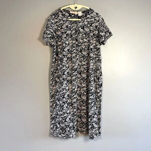 LA Cera Navy Cream Floral Short Sleeve T-Shirt Henley Dress | SZ M